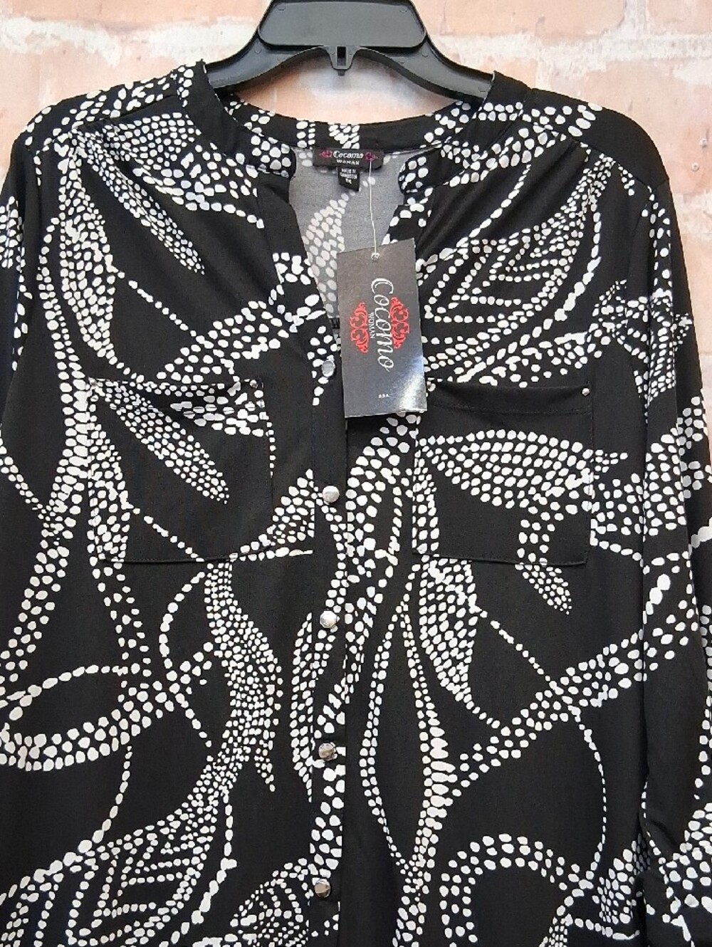 NWT Cocomo Black Button Down Dress with White Dot Leaf Motif - Picture 3 of 10